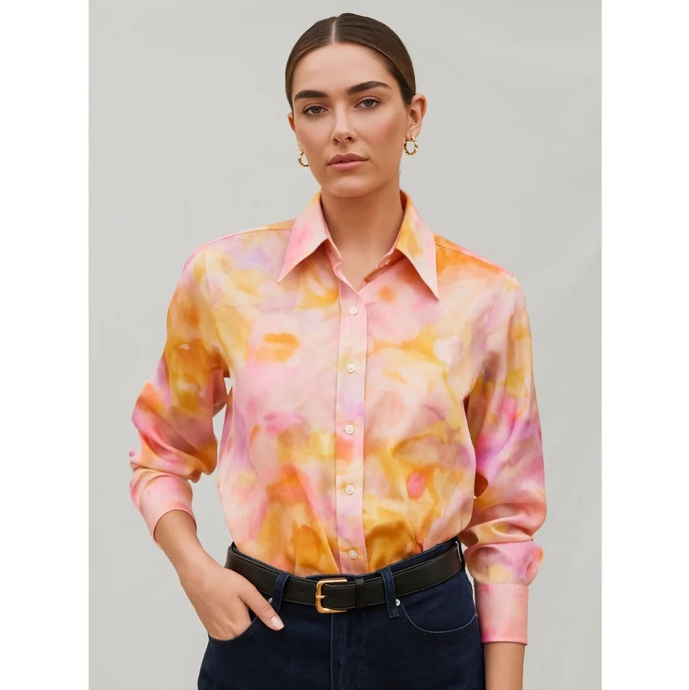 Vintage 70s Lady Manhattan Watercolor Abstract Groovy Pink Blouse - Picture 3 of 15